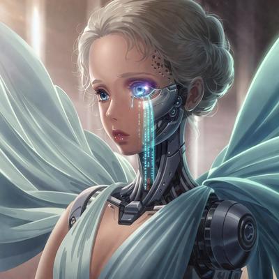 The primary subject of the image is a woman with blue eyes, who appears to be a robot or a cyborg. She is wearing a blue dress and has a tear in her eye. The setting is a room with a backdrop of a wall. The visual style is digital art, and the colors and mood are predominantly blue, creating a calm and futuristic atmosphere.